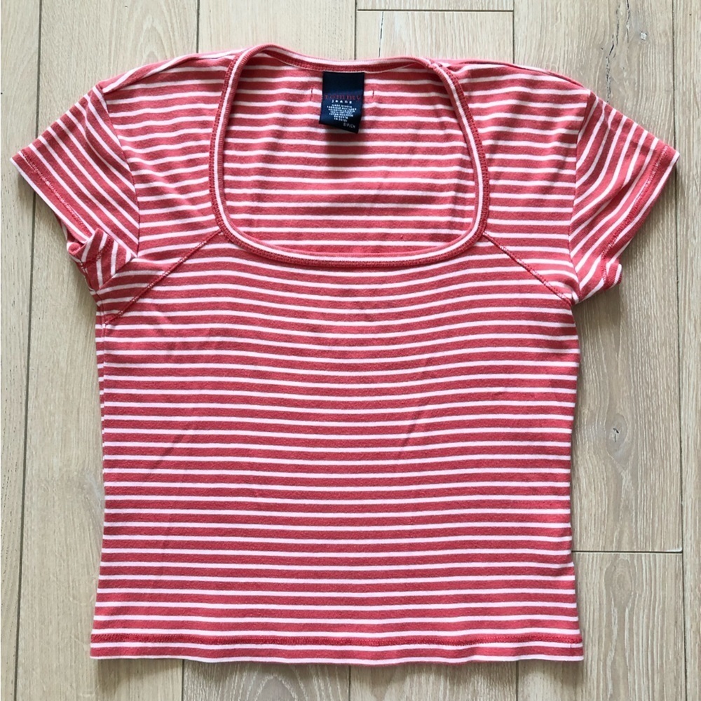 Tommy Jeans Y2K Square Neck Striped Cropped T Shirt in Orange & White Size S